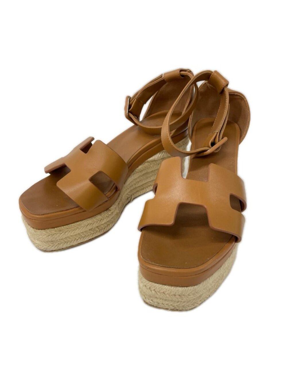 Hermes Brown Leather Espadrilles Elda Wedge Sole Sandals